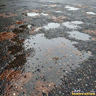 Asphalt pavement marked with oil stains and tire scuffs in medium gray