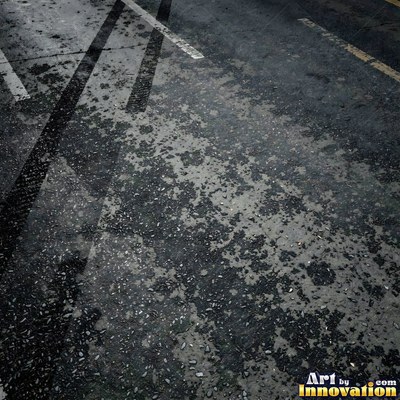 Wet asphalt glistening with small puddles in a greenish gray tone