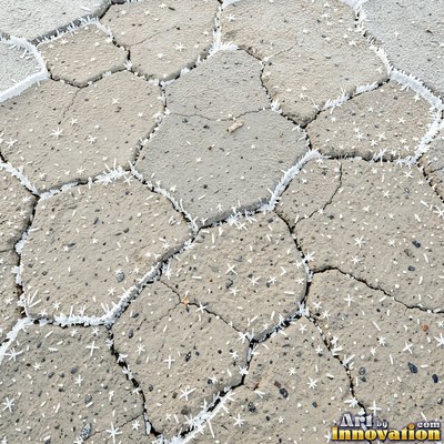 Asphalt pavement marked with oil stains and tire scuffs in medium gray