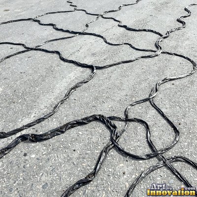 Asphalt pavement marked with oil stains and tire scuffs in medium gray