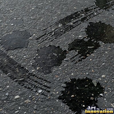 Worn asphalt with faded fragments of painted road lines