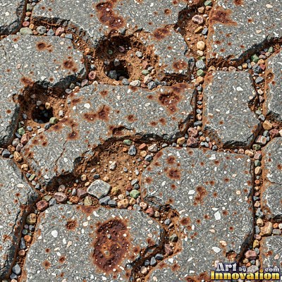 Worn asphalt with faded fragments of painted road lines