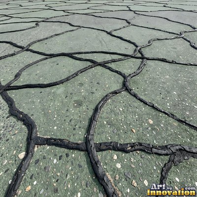 Worn asphalt with faded fragments of painted road lines