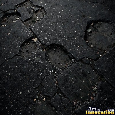 Asphalt pavement marked with oil stains and tire scuffs in medium gray