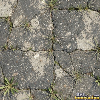 Asphalt pavement marked with oil stains and tire scuffs in medium gray