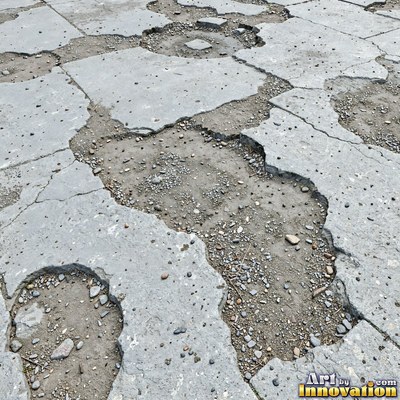Wet asphalt glistening with small puddles in a greenish gray tone