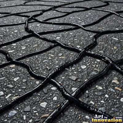 Worn asphalt with faded fragments of painted road lines