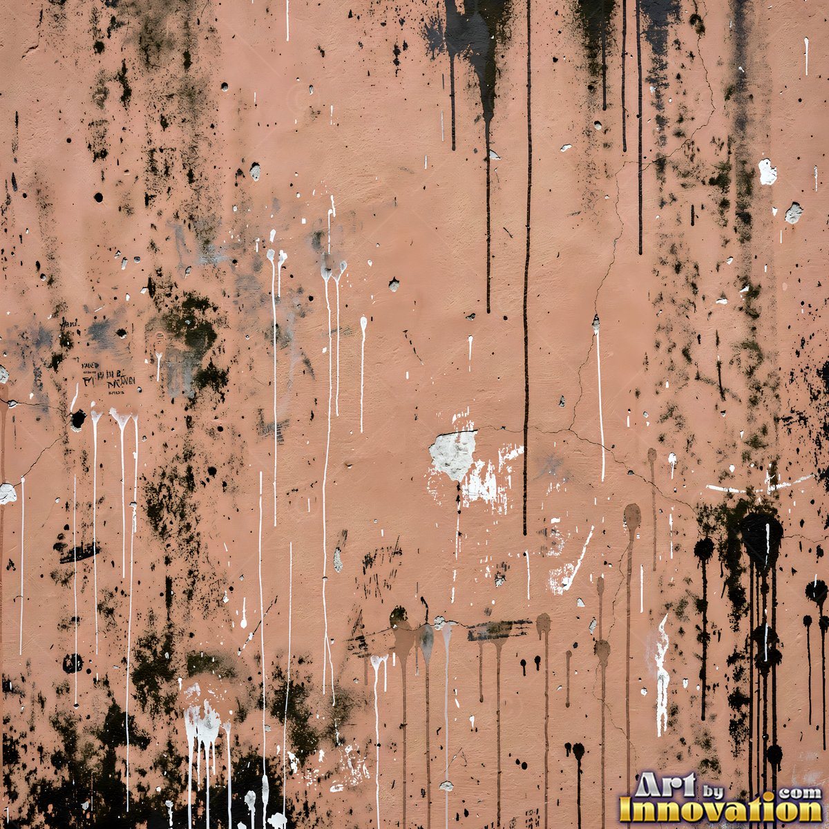 Grungy beige wall splattered with old paint drips, shot flat and even