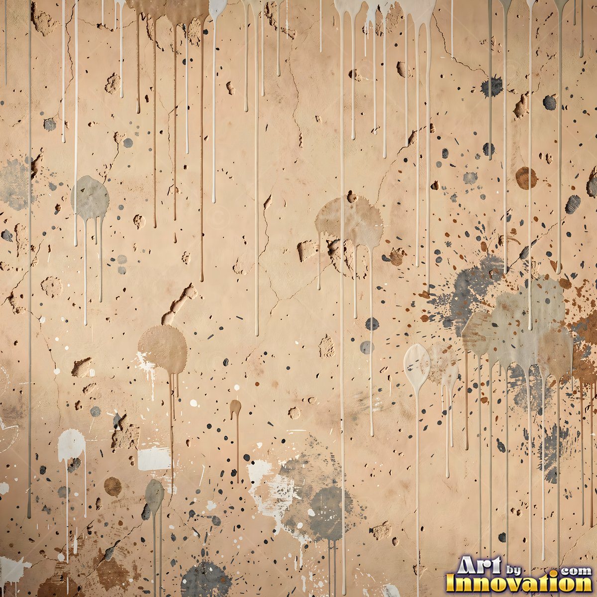 Grungy beige wall splattered with old paint drips, shot flat and even
