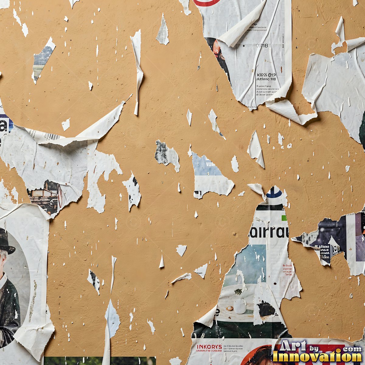 Grungy beige wall splattered with old paint drips, shot flat and even