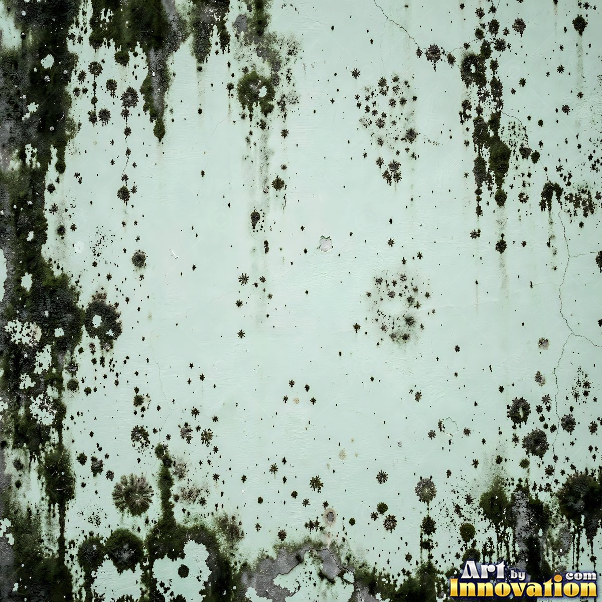 Grungy beige wall splattered with old paint drips, shot flat and even
