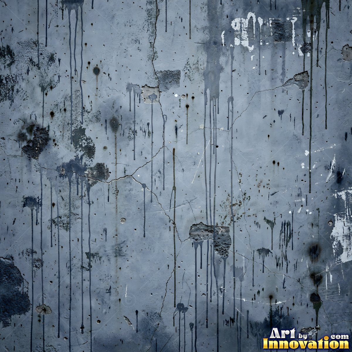 Old blue gray wall built up in layers of patched plaster and paint