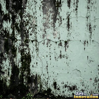 Old blue gray wall built up in layers of patched plaster and paint