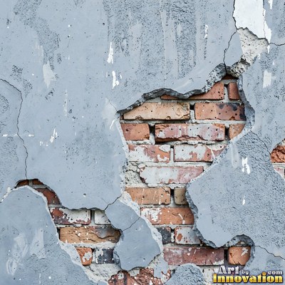 Old blue gray wall built up in layers of patched plaster and paint