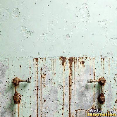 Old blue gray wall built up in layers of patched plaster and paint
