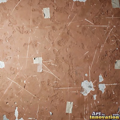 Grungy beige wall splattered with old paint drips, shot flat and even