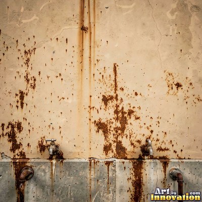 Grungy beige wall splattered with old paint drips, shot flat and even