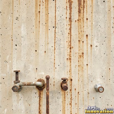 Old blue gray wall built up in layers of patched plaster and paint