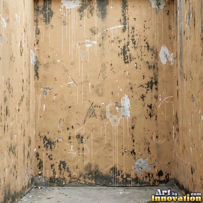 Old blue gray wall built up in layers of patched plaster and paint