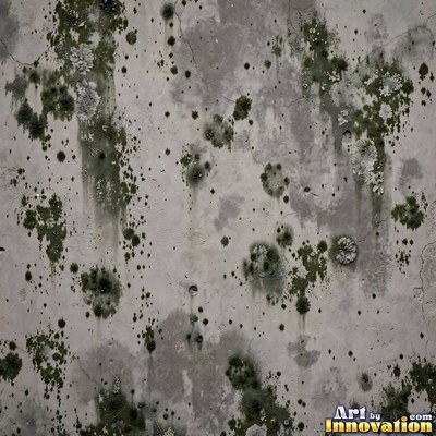 Old blue gray wall built up in layers of patched plaster and paint