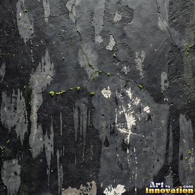 Blackened grunge wall with dried paint splatter filling the frame
