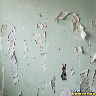 Old blue gray wall built up in layers of patched plaster and paint