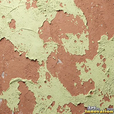 Cracked plaster with fine spidery lines in faded mint green paint