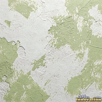 Cracked plaster with fine spidery lines in faded mint green paint