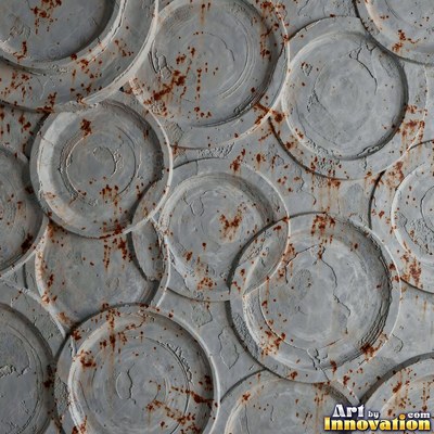 Swirled plaster ceiling pattern of overlapping circles in cool gray