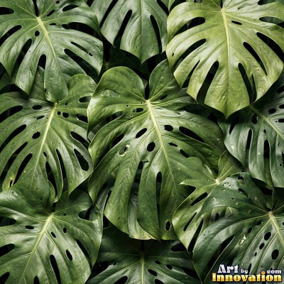 Layered tropical monstera leaves in blue green under even light