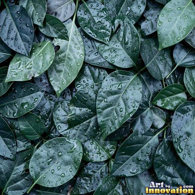 Layered tropical monstera leaves in blue green under even light