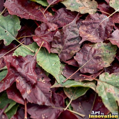 Fallen autumn leaves piled together in rust and sage tones