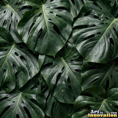 Layered tropical monstera leaves in blue green under even light
