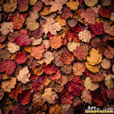Fallen autumn leaves piled together in rust and sage tones