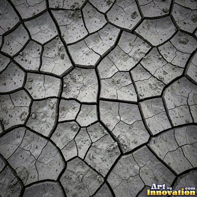 Dry cracked mud broken into polygon shaped plates of clay brown