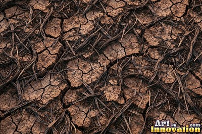 Dry cracked mud broken into polygon shaped plates of clay brown