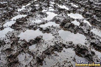 Dry cracked mud broken into polygon shaped plates of clay brown