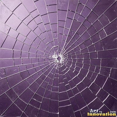 Shattered glass with a spider web of cracks in violet tones