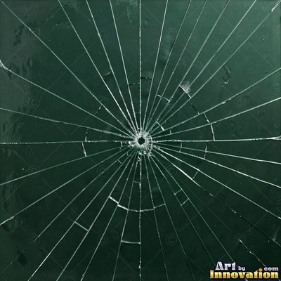 Laminated glass with a web of cracks held together, faint blue tint
