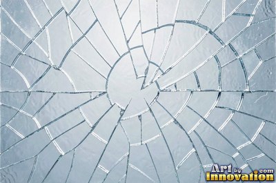 Laminated glass with a web of cracks held together, faint blue tint