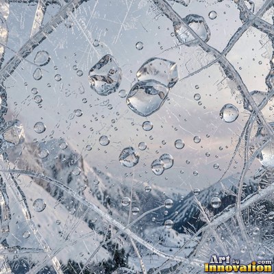 Cracked lake ice with white fracture lines and a honey gold glow