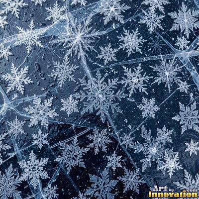 Clear ice full of trapped air bubbles in icy white blue