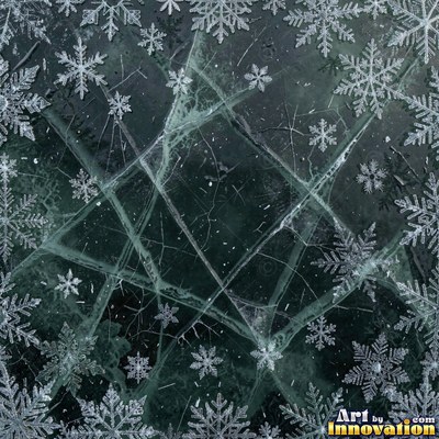 Snowflakes resting on dark sea green ice