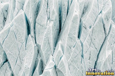Snowflakes resting on dark sea green ice