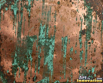 Copper roof panel with drips of patina running down it