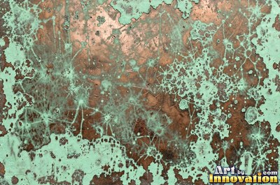 Oxidized copper with a mottled dark surface and bright scratches