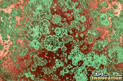 Crusty mint green verdigris built up in thick blooms on copper