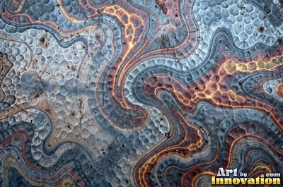 Hand hammered pewter sheet covered in overlapping round dimples