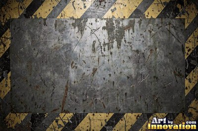 Industrial metal with chipped hazard stripes worn back to bare metal