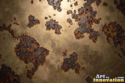 Corroded iron with streaks of rust running down from bolt holes